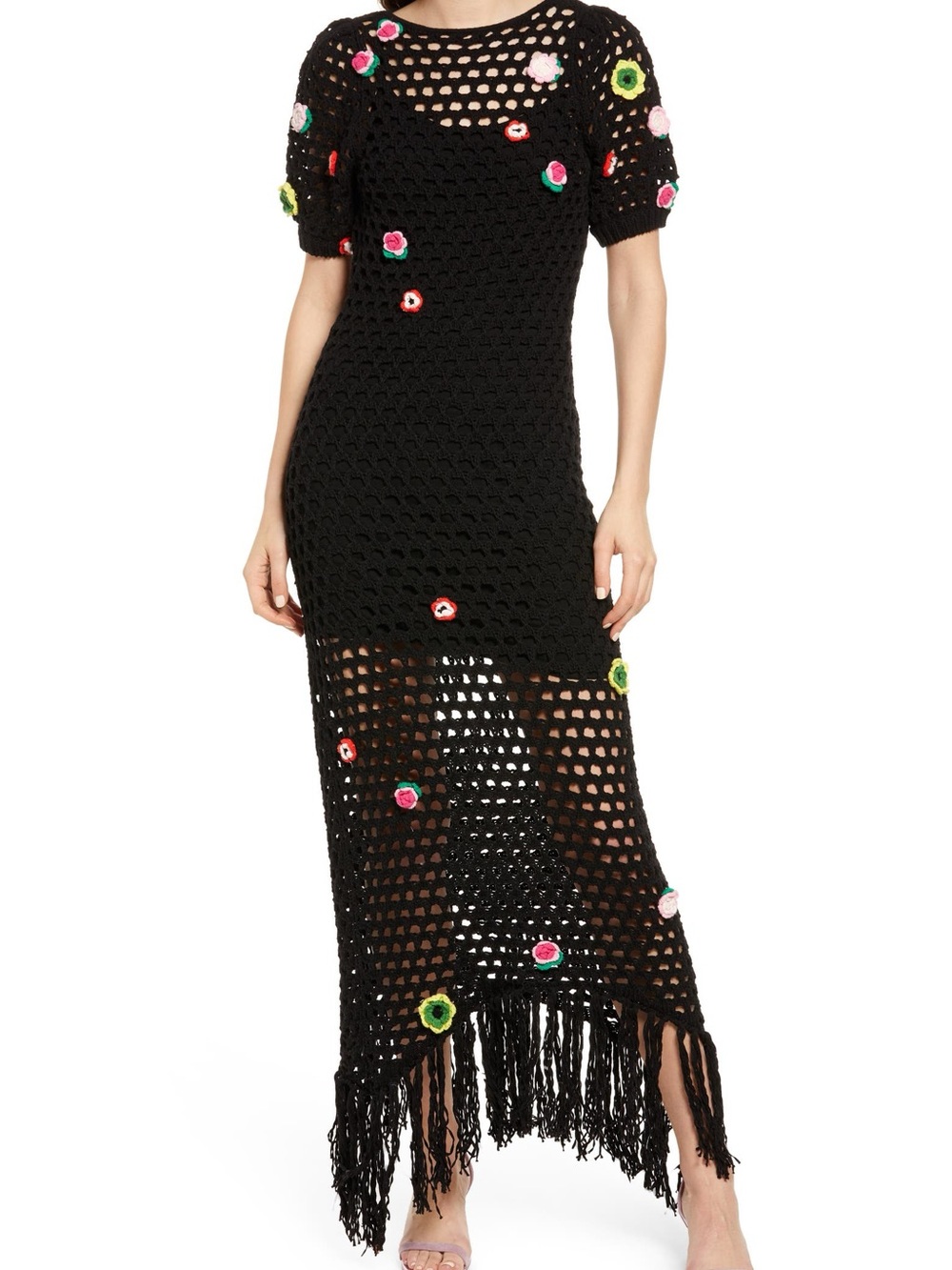 Something Navy Black Crochet Maxi Dress with Multicolor Floral Embroidery